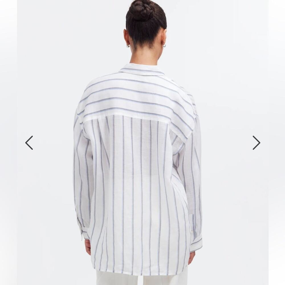 Madewell White Button-Down Shirt with Navy Pinstripes - Picture 3 of 9